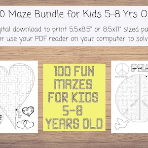 Instant Printable 100 Fun Mazes for Kids 5-8 Years old with images to color on each page and levels from easy to hard. Answers included.
