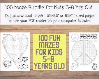 Instant Printable 100 Fun Mazes for Kids 5-8 Years old with images to color on each page and levels from easy to hard. Answers included.