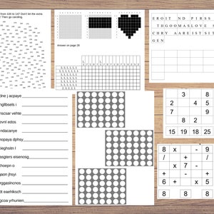 May include: A worksheet with various activities, including a connect-the-dots puzzle, a word search, a grid puzzle, and a math puzzle. The worksheet is printed on white paper and has a woodgrain background.