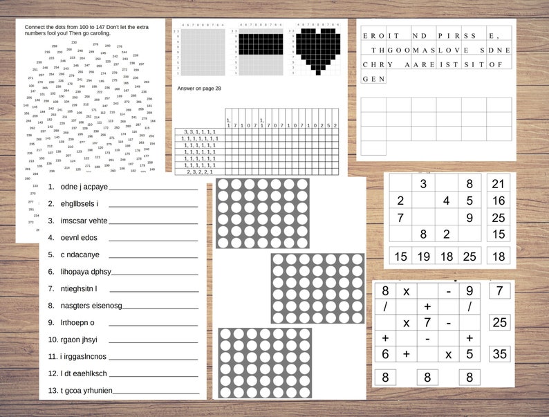 May include: A worksheet with various activities, including a connect-the-dots puzzle, a word search, a grid puzzle, and a math puzzle. The worksheet is printed on white paper and has a woodgrain background.
