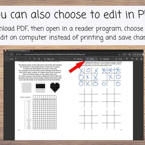 May include: A PDF document with a tic-tac-toe game on the page. The game is partially completed with blue X's and O's. The text on the page says "You can also choose to edit in PDF. Download PDF, then open in a reader program, choose draw to edit on computer instead of printing and save changes."
