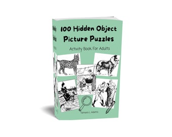 May include: A mint green activity book titled "100 Hidden Object Picture Puzzles" for adults. The cover features black and white illustrations of a cheetah, a dog, and other scenes. The author's name, Tamara L. Adams, is printed at the bottom.