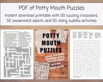 Printable Cussing Crossword, SwearWord Search, and Slang Sudoku with 1500 Unique Swears. Activity Book for Adults with 50 each swear puzzles