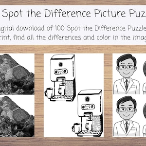 May include: A set of three black and white spot the difference picture puzzles. The first puzzle shows two images of a rock formation. The second puzzle shows two images of a coffee maker. The third puzzle shows two images of a man and woman in a white uniform.