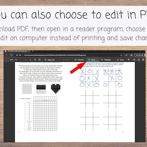 May include: A PDF document with a tic-tac-toe game on the screen. The game is partially played with blue X's and O's. The text on the page says "You can also choose to edit in PDF. Download PDF, then open in a reader program, choose draw to edit on computer instead of printing and save changes."