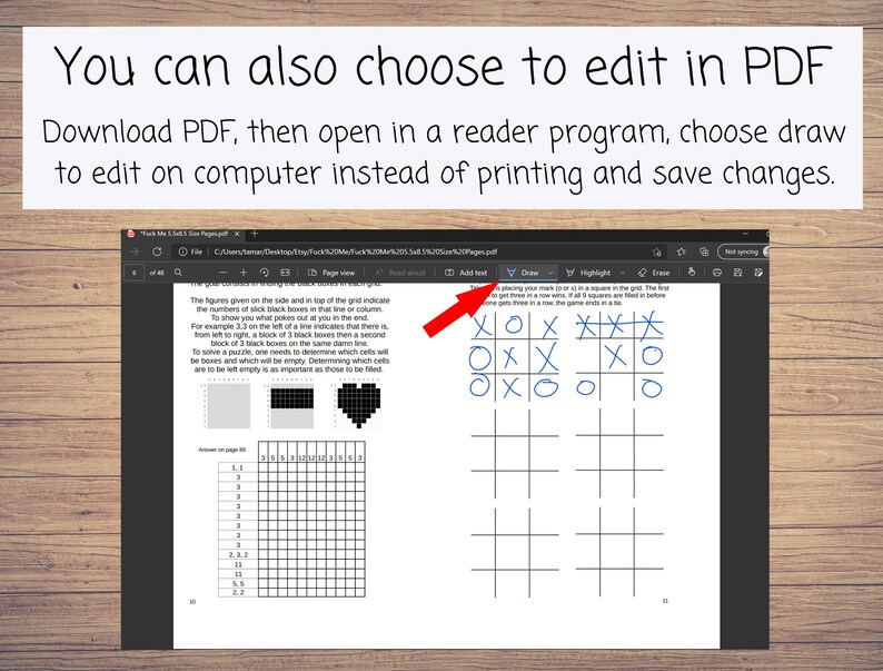 May include: A PDF document with a tic-tac-toe game on the screen. The game is partially played with blue X's and O's. The text on the page says "You can also choose to edit in PDF. Download PDF, then open in a reader program, choose draw to edit on computer instead of printing and save changes."