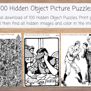 May include: A set of three black and white printable hidden object puzzles. The first puzzle features a pile of gems, the second puzzle features a man writing at a desk, and the third puzzle features three baseball players.