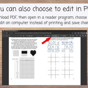 May include: A PDF document with a noughts and crosses game on the screen. The game is partially played with blue X's and O's. The text on the page says "You can also choose to edit in PDF. Download PDF, then open in a reader program, choose draw to edit on computer instead of printing and save changes."