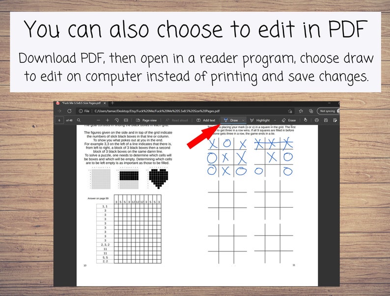 May include: A PDF document with a noughts and crosses game on the screen. The game is partially played with blue X's and O's. The text on the page says "You can also choose to edit in PDF. Download PDF, then open in a reader program, choose draw to edit on computer instead of printing and save changes."