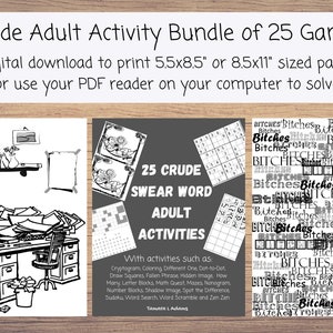 Puede incluir: Una descarga digital de 25 juegos de actividades para adultos, que incluyen búsquedas de palabras, criptogramas y páginas para colorear. Los juegos se imprimen en páginas de 5,5 x 8,5 pulgadas o 8,5 x 11 pulgadas. La imagen de portada presenta una ilustración en blanco y negro de un escritorio con papeles y un cubo de basura.