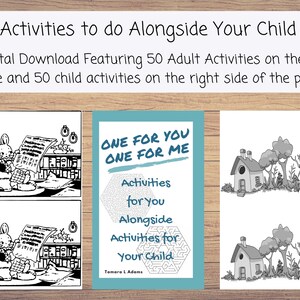 May include: Black and white printable activity book with the title "One for You One for Me" featuring activities for adults and children. The cover shows a rabbit reading a newspaper and a house with trees in the background.