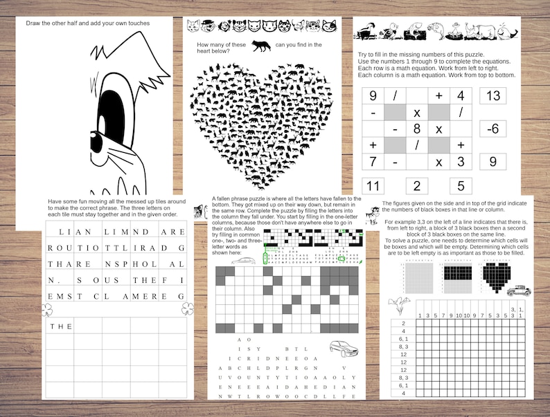Draw Half, Fallen Phrase, Letter Blocks, Nonogram