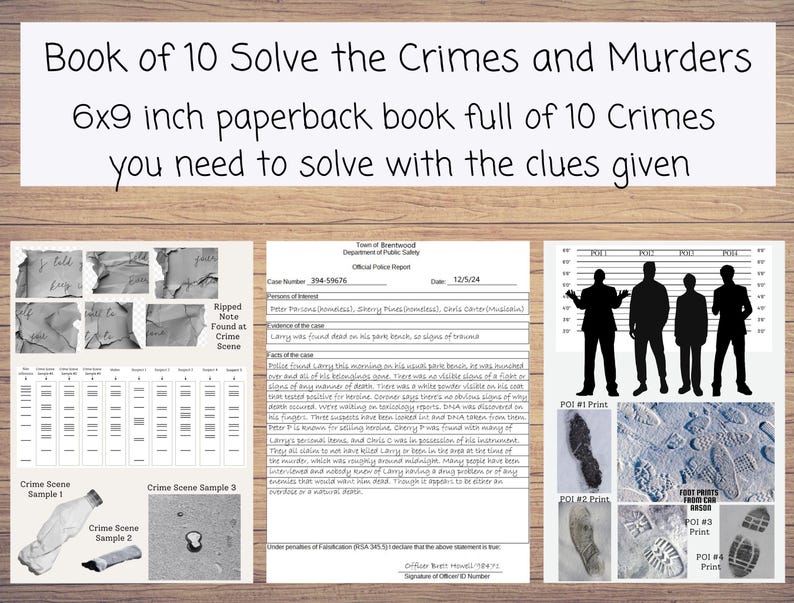 Pu&ograve; includere: Un libro tascabile di 15 x 23 cm intitolato "Book of 10 Solve the Crimes and Murders". L'immagine mostra prove della scena del crimine, un rapporto di polizia e sagome di persone. Il libro contiene 10 crimini da risolvere.