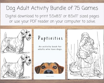 Puede incluir: Una ilustración en blanco y negro de un libro de actividades para perros titulado "Puptivities: Un libro de actividades para adultos que aman a los perros". La portada presenta una ilustración en blanco y negro de un perro y una niña que sostiene un perro.
