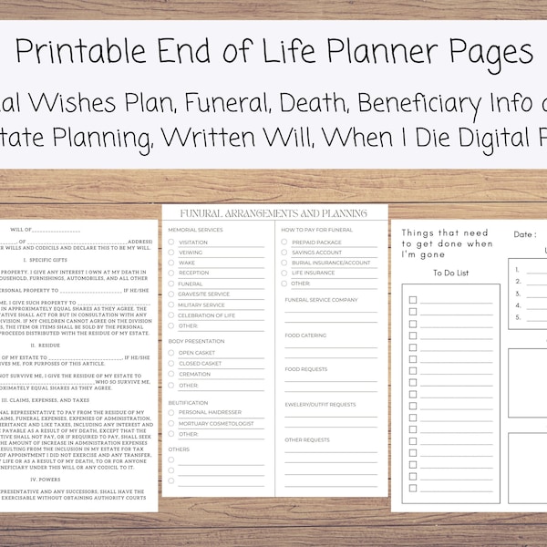 Printable End of Life Planner, Final Wishes Plan, Funeral, Death, Beneficiary Info and Estate Planning, Written Will, When I Die Digital PDF