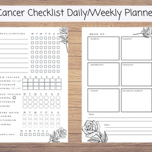 May include: Black and white printable planner with a floral design. The planner includes sections for tracking medications, symptoms, pain levels, mood, water intake, and exercise. It also includes a weekly planner with space for notes and goals.