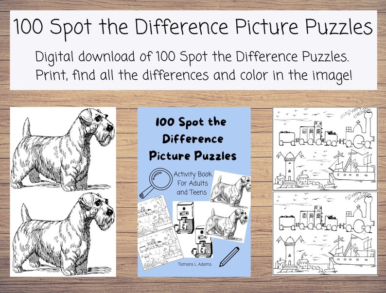 May include: A black and white illustration of a book titled "100 Spot the Difference Picture Puzzles". The book cover features a black and white illustration of a dog and a magnifying glass. The text "Activity Book for Adults and Teens" is also on the cover.