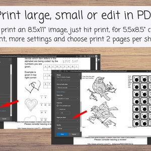 May include: A screenshot of a computer screen showing a PDF document with a black and white illustration of a bird on a branch. The document is open in a web browser and the print settings are visible. The print settings include options for printing on both sides of the paper, printing 2 pages per sheet, and scaling the print size. The text "Please consider leaving a review!" is visible at the bottom of the document.