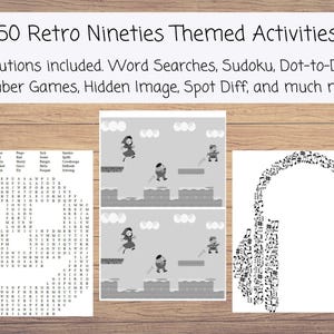 May include: A collection of retro nineties-themed activity pages. The image includes word searches, Sudoku, dot-to-dot, number games, hidden image, and spot the difference puzzles. The text reads "50 Retro Nineties Themed Activities."