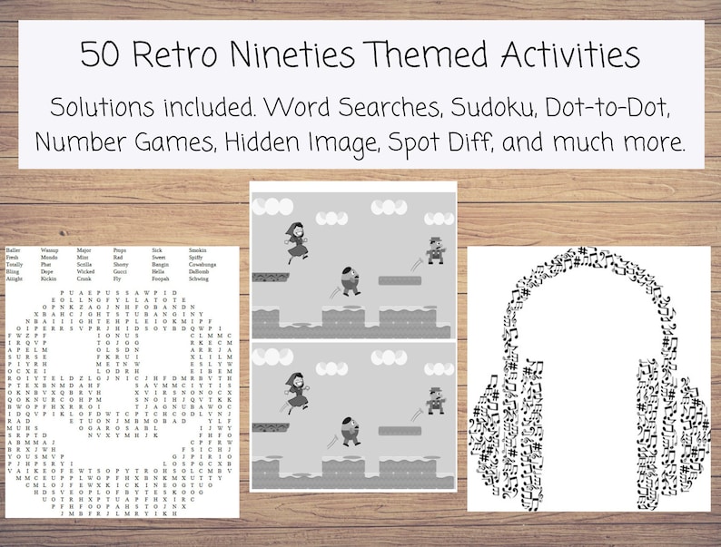 May include: A collection of retro nineties-themed activity pages. The image includes word searches, Sudoku, dot-to-dot, number games, hidden image, and spot the difference puzzles. The text reads "50 Retro Nineties Themed Activities."