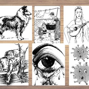 May include: A black and white illustration collage featuring a dog, a woman washing clothes, a woman playing a lute, a cow, a crying eye, and two cartoon viruses.