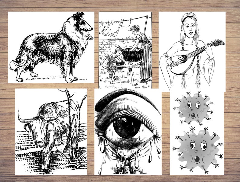 May include: A black and white illustration collage featuring a dog, a woman washing clothes, a woman playing a lute, a cow, a crying eye, and two cartoon viruses.