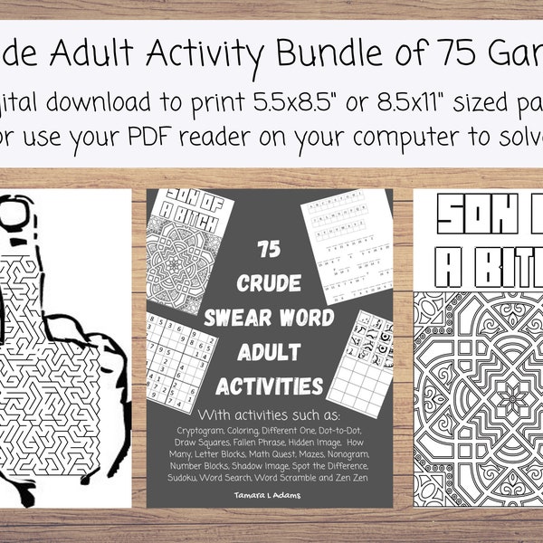 Printable 75 Vulgar Swear Word Adult Activities Adult Games Coloring, Hidden Image, Math Games, Mazes, Spot Difference, Sudoku, Word Searc