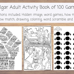 Op de afbeelding: Een zwart-wit activiteitenboek met de titel "Vulgar Adult Activity Book of 100 Games". Het boek bevat oplossingen, verborgen afbeeldingen, woordspelletjes, hoeveel, schaduwmatch, tekenen, kleuren, woordscramble en meer.