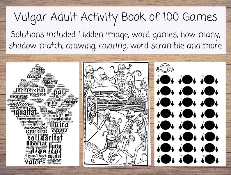 Op de afbeelding: Een zwart-wit activiteitenboek met de titel "Vulgar Adult Activity Book of 100 Games". Het boek bevat oplossingen, verborgen afbeeldingen, woordspelletjes, hoeveel, schaduwmatch, tekenen, kleuren, woordscramble en meer.