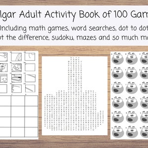 Op de afbeelding: Een zwart-witte afbeelding van een boekomslag met de titel "Vulgar Adult Activity Book of 100 Games". De omslag bevat een verscheidenheid aan spellen, waaronder wiskundige spellen, woordzoekers, stippen verbinden, verschillen vinden, sudoku en doolhoven.