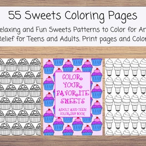 May include: Three colouring pages featuring different sweet treats. The first page has a pattern of cupcakes, the second page has a pattern of cupcakes with cherries on top, and the third page has a pattern of ice cream cones. The text on the second page reads "Colour Your Favourite Sweets Adult and Teen Colouring Book".