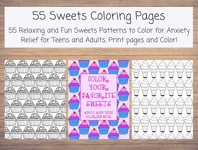 May include: Three colouring pages featuring different sweet treats. The first page has a pattern of cupcakes, the second page has a pattern of cupcakes with cherries on top, and the third page has a pattern of ice cream cones. The text on the second page reads "Colour Your Favourite Sweets Adult and Teen Colouring Book".