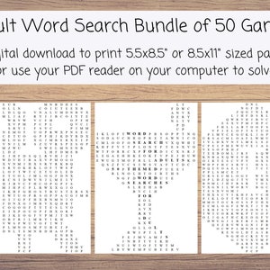 Instant Printable Word Search for Adults with 50 Themed Word Searches, 15 words to find in each word search puzzle.