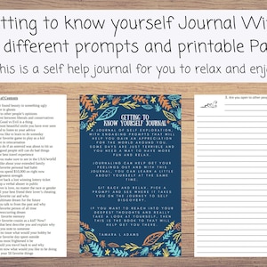 Puede incluir: Una portada de diario azul y blanca con un diseño floral y el texto "Getting to Know Yourself Journal" y "A Journal of Self Exploration with Engaging Prompts that will help you gain an appreciation for the world around you."