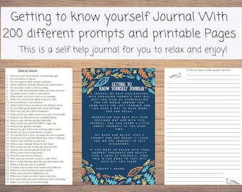May include: A blue and white journal cover with a floral design and the text "Getting to Know Yourself Journal" and "A Journal of Self Exploration with Engaging Prompts that will help you gain an appreciation for the world around you."
