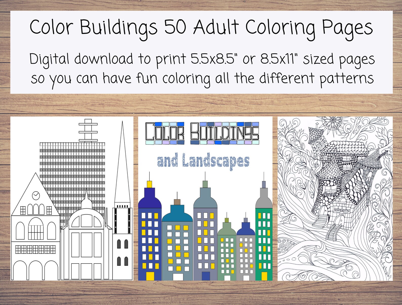Instant Printable Coloring Pages of Buildings and Landscapes. 50 Color ...