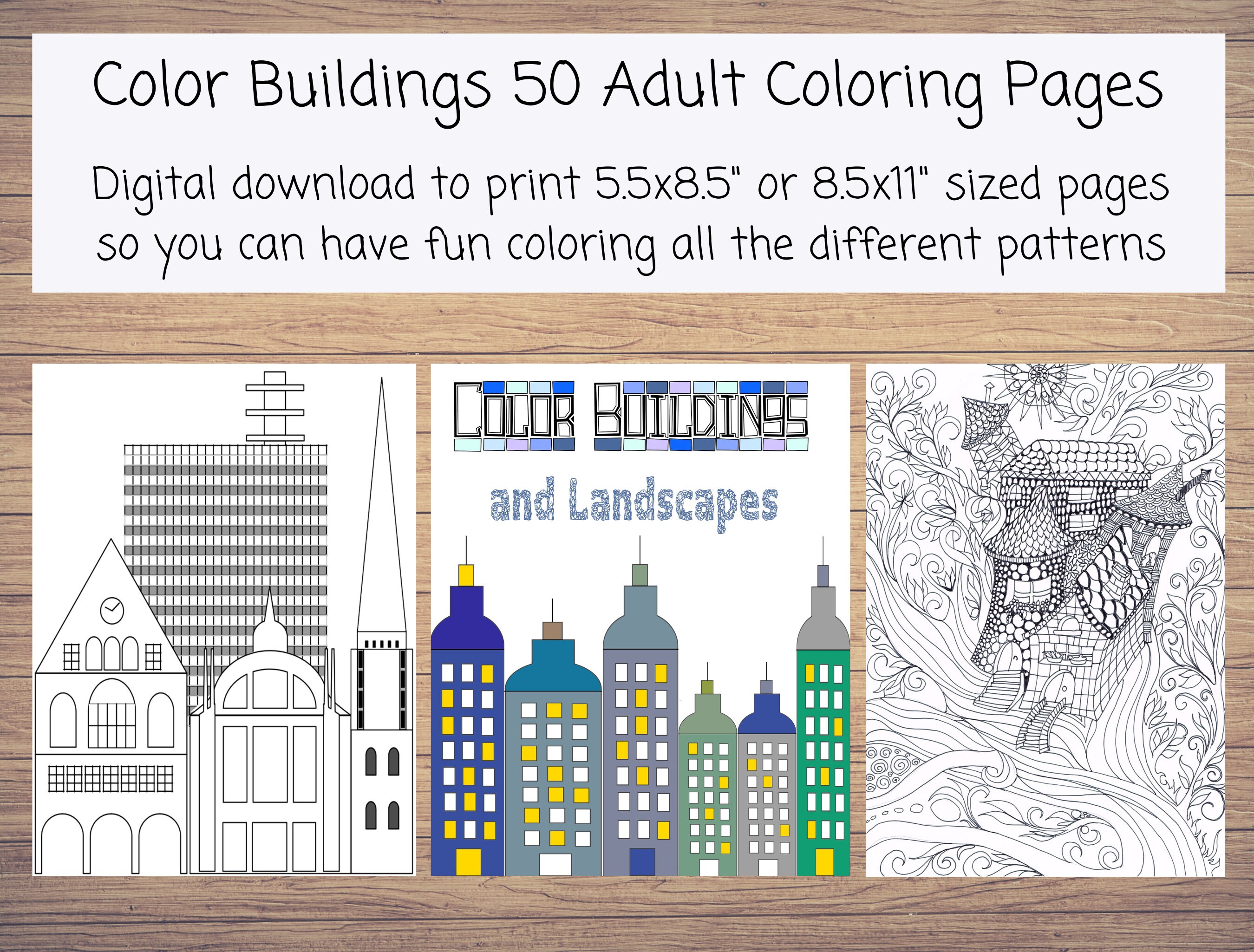Instant Printable Coloring Pages of Buildings and Landscapes. 50 Color ...