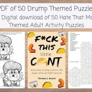 Puede incluir: Una descarga digital de 50 rompecabezas de actividades para adultos con el tema "Hate That Man". La portada presenta el texto "F*ck This Little C*nt" con ilustraciones de una caricatura llorando, tacos y un pañal. Los rompecabezas están diseñados para ayudar a controlar la ira.