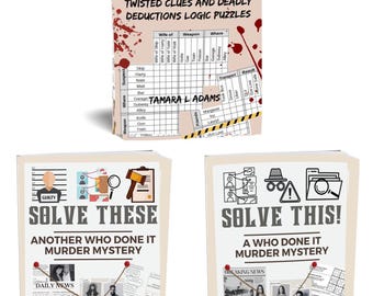May include: Three books with crime-themed covers. The top book is titled "Murderous Minds and Puzzling Crimes" with a crime scene theme. The other two books are titled "Solve These" and "Solve This!" with crime scene investigation themes.