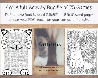 75 Katzenbasierte Aktivitäten für Erwachsene, druckbare Spiele für Erwachsene: Färbung, Punktunterschied, Punkt-zu-Punkt, Zahlenspiele, Wortspiele, Wimmelbild, Sudoku.
