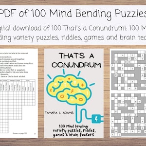 May include: A digital PDF download titled "PDF of 100 Mind Bending Puzzles." The image features a variety of puzzles, riddles, and brain teasers. The central image displays a brain graphic with the text "That's a Conundrum!" and "100 Mind bending variety puzzles, riddles, games & brain teasers."