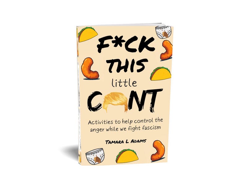 Op de afbeelding: Een boek getiteld "F*ck This Little C*nt" met illustraties van een taco, een luier en een krullende oranje snack. De tekst op de omslag luidt: "Activiteiten om de woede onder controle te houden terwijl we het fascisme bestrijden" door Tamara L. Adams.