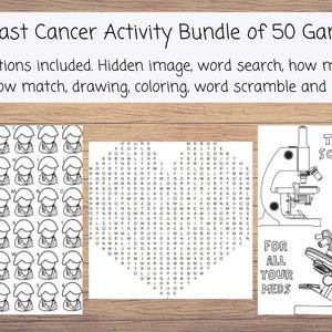 May include: A Breast Cancer Activity Bundle of 50 Games, including hidden image, word search, and coloring pages. The bundle features illustrations of a microscope and the text "Thank Science For All Your Meds."