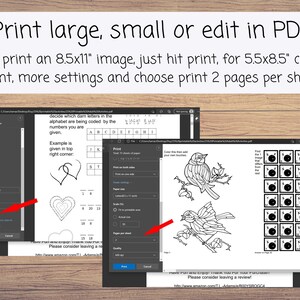 May include: A screenshot of a computer screen showing a PDF document with a black and white illustration of a bird on a branch. The document is open in a web browser and the print settings are visible. The print settings include options for printing on both sides of the paper, printing 2 pages per sheet, and scaling the print size. The text "Please consider leaving a review!" is visible at the bottom of the document.