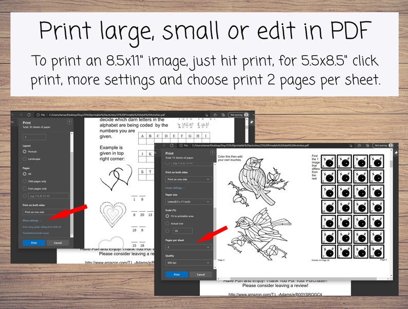 May include: A screenshot of a computer screen showing a PDF document with a black and white illustration of a bird on a branch. The document is open in a web browser and the print settings are visible. The print settings include options for printing on both sides of the paper, printing 2 pages per sheet, and scaling the print size. The text "Please consider leaving a review!" is visible at the bottom of the document.