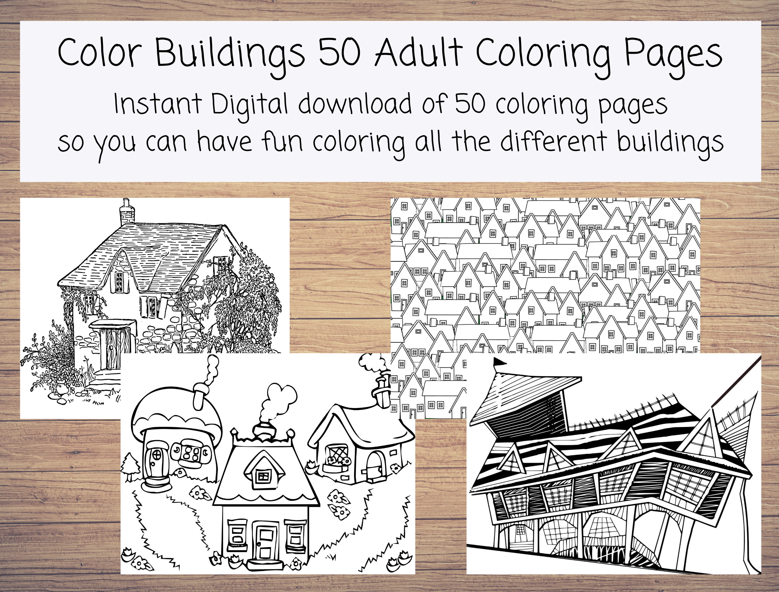 Instant Printable Coloring Pages of Buildings and Landscapes. 50 Color ...