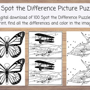 May include: A printable set of 100 spot the difference puzzles. The image shows three examples of the puzzles: a butterfly, a vintage airplane, and a woman with stars.