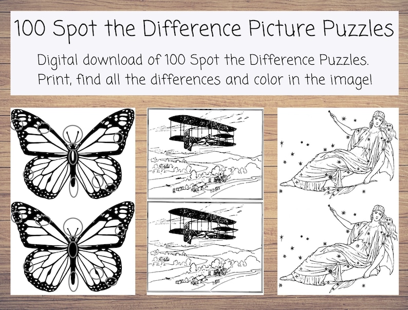 May include: A printable set of 100 spot the difference puzzles. The image shows three examples of the puzzles: a butterfly, a vintage airplane, and a woman with stars.