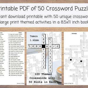 Printable PDF of 100 Crossword puzzles with 5000 Unique Words. Activity Book for Adults with 50 clues in each crossword puzzle, large print