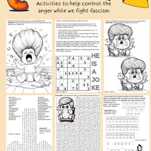 Op de afbeelding: Een poster met de tekst "F*CK THIS little C*NT" en "Activiteiten om woede te beheersen terwijl we fascisme bestrijden." Bevat illustraties van een huilende baby, een doolhof en een Sudoku.